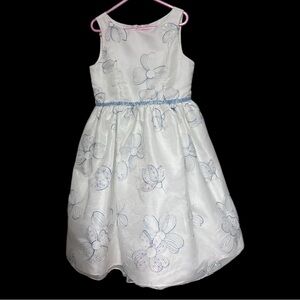 Charming White Floral Girls Dress with Blue Accents